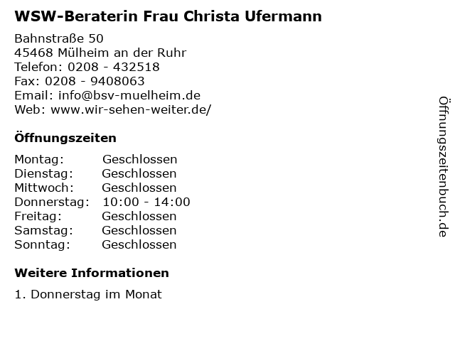 WSW-Beraterin Frau Christa Ufermann in Mülheim an der Ruhr: Adresse und Öffnungszeiten