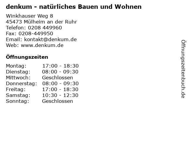 denkum - natürliches Bauen und Wohnen in Mülheim an der Ruhr: Adresse und Öffnungszeiten