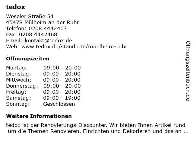 ᐅ Offnungszeiten Tedox Kg Weseler Strasse 54 In Mulheim Ruhr