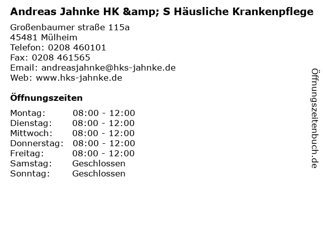 Andreas Jahnke HK & S Häusliche Krankenpflege in Mülheim: Adresse und Öffnungszeiten