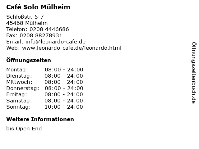 Café Solo Mülheim in Mülheim: Adresse und Öffnungszeiten