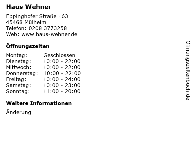 ᐅ Offnungszeiten Haus Wehner Eppinghofer Strasse 163 In Mulheim