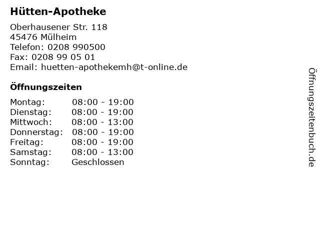 Hütten-Apotheke in Mülheim: Adresse und Öffnungszeiten