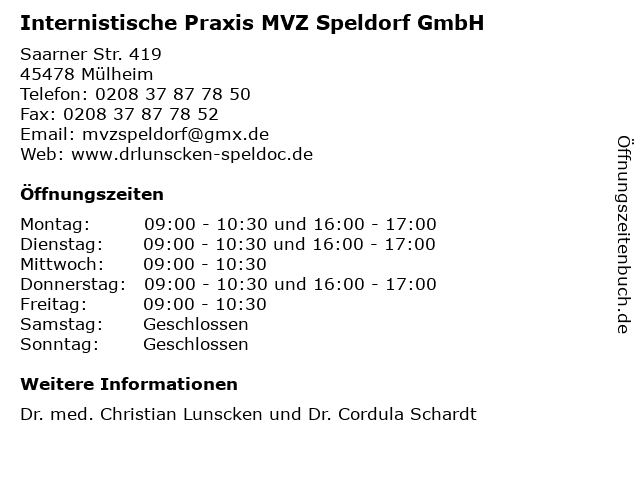 Internistische Praxis MVZ Speldorf GmbH in Mülheim: Adresse und Öffnungszeiten