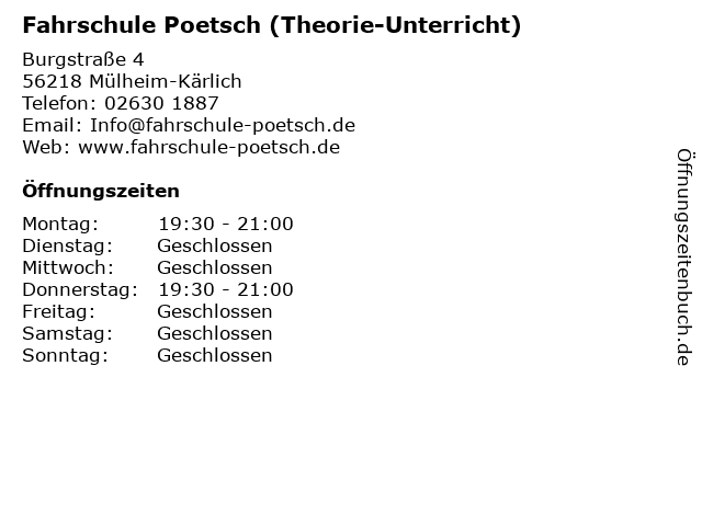 Fahrschule Poetsch (Theorie-Unterricht) in Mülheim-Kärlich: Adresse und Öffnungszeiten