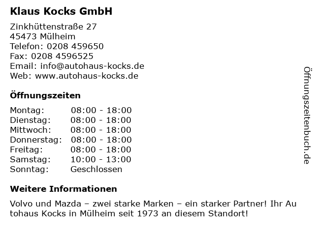 Klaus Kocks GmbH in Mülheim: Adresse und Öffnungszeiten