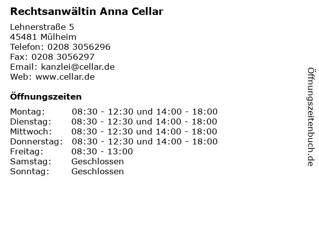 Rechtsanwältin Anna Cellar in Mülheim: Adresse und Öffnungszeiten