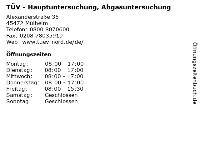 TÜV - Hauptuntersuchung, Abgasuntersuchung in Mülheim: Adresse und Öffnungszeiten