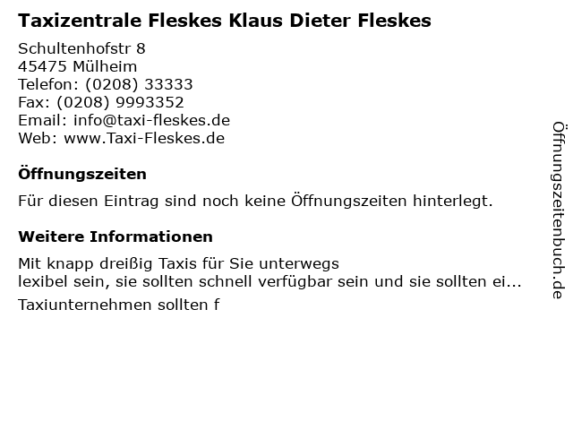Taxizentrale Fleskes Klaus Dieter Fleskes in Mülheim: Adresse und Öffnungszeiten