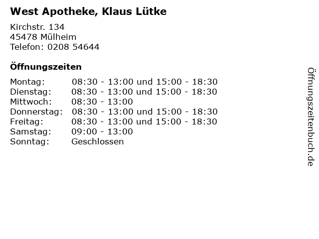 West Apotheke, Klaus Lütke in Mülheim: Adresse und Öffnungszeiten