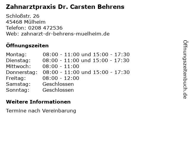 Zahnarztpraxis Dr. Carsten Behrens in Mülheim: Adresse und Öffnungszeiten