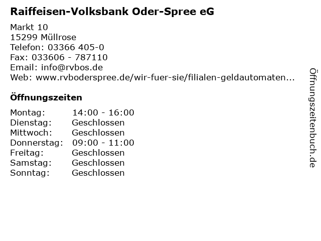 ᐅ Offnungszeiten Raiffeisen Volksbank Oder Spree Eg