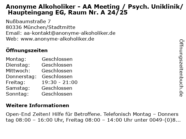 Anonyme Alkoholiker - AA Meeting / Psych. Uniklinik/ Haupteingang EG, Raum Nr. A 24/25 in München/Stadtmitte: Adresse und Öffnungszeiten