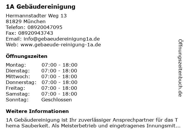1A Gebäudereinigung in München: Adresse und Öffnungszeiten