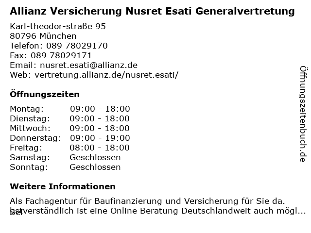ᐅ Offnungszeiten Allianz Baufinanzierung Versicherung Nusret Esati Generalvertretung Westendstr 240 In Munchen