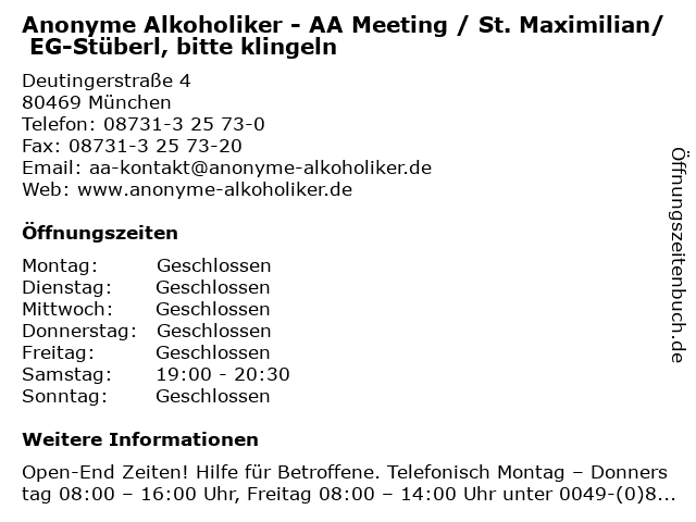 Anonyme Alkoholiker - AA Meeting / St. Maximilian/ EG-Stüberl, bitte klingeln in München: Adresse und Öffnungszeiten