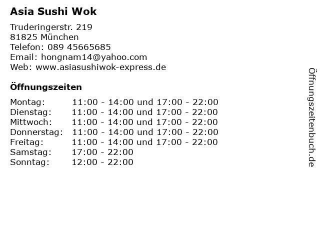 Asia Sushi Wok in München: Adresse und Öffnungszeiten