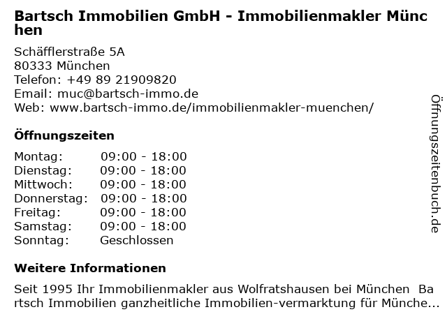 Bartsch Immobilien GmbH - Immobilienmakler München in München: Adresse und Öffnungszeiten