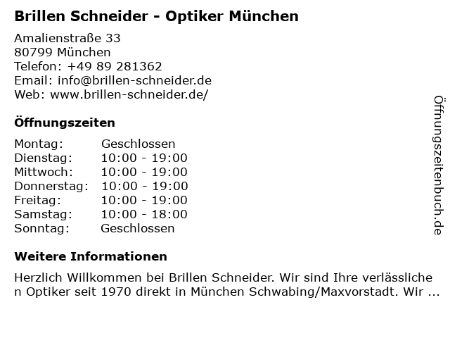 Brillen Schneider - Optiker München in München: Adresse und Öffnungszeiten