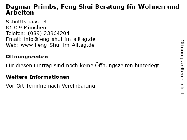 Dagmar Primbs, Feng Shui Beratung für Wohnen und Arbeiten in München: Adresse und Öffnungszeiten