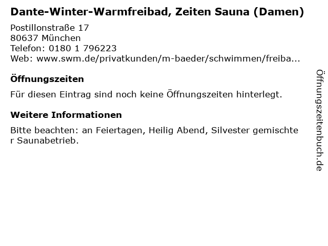 Dante-Winter-Warmfreibad, Zeiten Sauna (Damen) in München: Adresse und Öffnungszeiten
