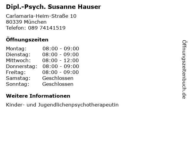 Dipl.-Psych. Susanne Hauser in München: Adresse und Öffnungszeiten