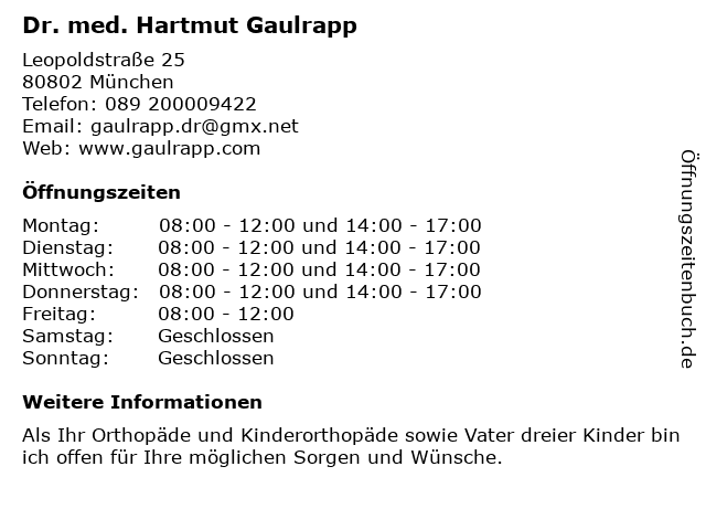 Dr. med. Hartmut Gaulrapp in München: Adresse und Öffnungszeiten