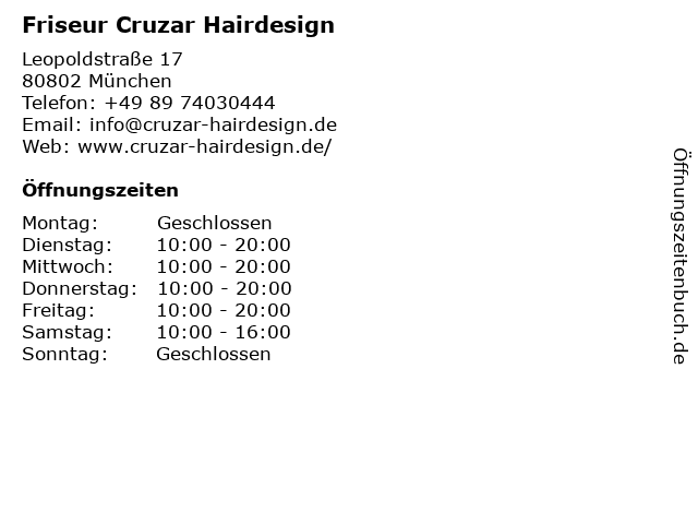 ᐅ Offnungszeiten Friseur Cruzar Hairdesign Leopoldstrasse 17 In Munchen
