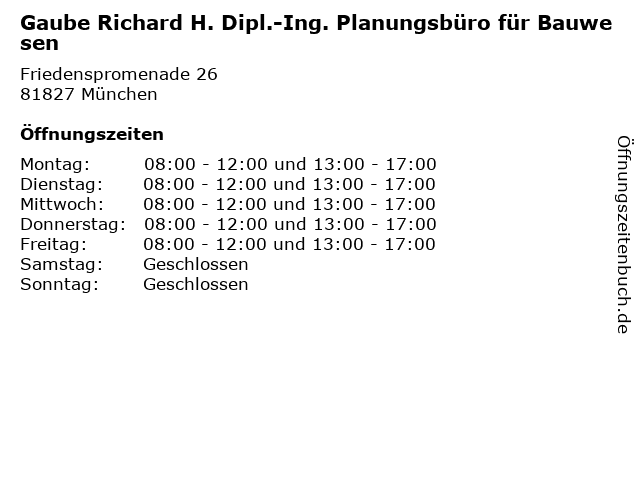 Gaube Richard H. Dipl.-Ing. Planungsbüro für Bauwesen in München: Adresse und Öffnungszeiten