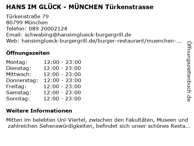 HANS IM GLÜCK - MÜNCHEN Türkenstrasse in München: Adresse und Öffnungszeiten