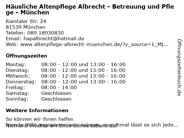 Häusliche Altenpflege Albrecht - Betreuung und Pflege - München in München: Adresse und Öffnungszeiten