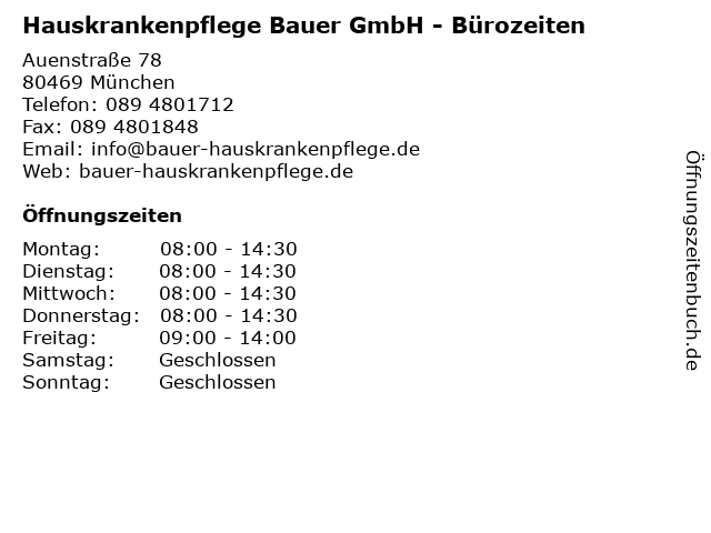 Hauskrankenpflege Bauer GmbH - Bürozeiten in München: Adresse und Öffnungszeiten