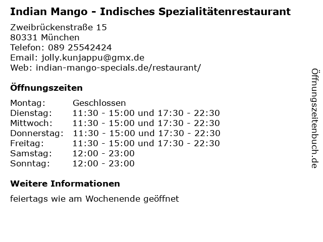 Indian Mango - Indisches Spezialitätenrestaurant in München: Adresse und Öffnungszeiten