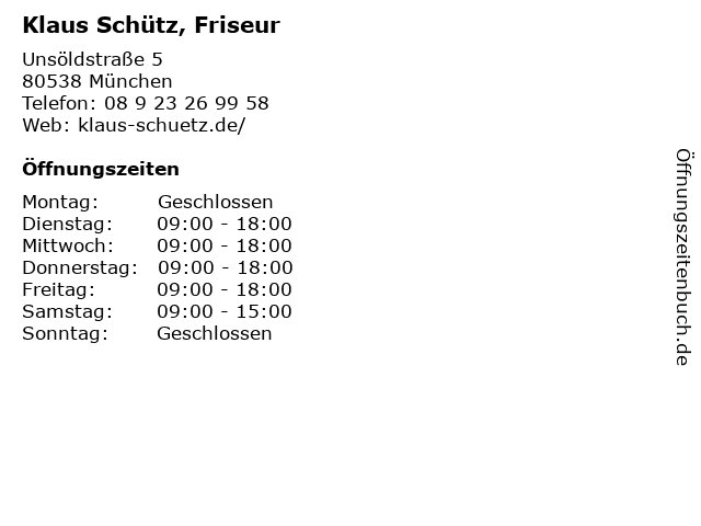 Klaus Schütz, Friseur in München: Adresse und Öffnungszeiten