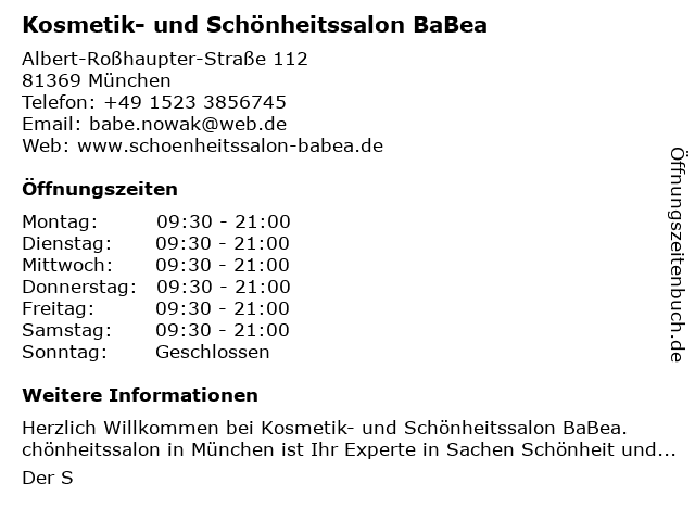 Kosmetik- und Schönheitssalon BaBea in München: Adresse und Öffnungszeiten