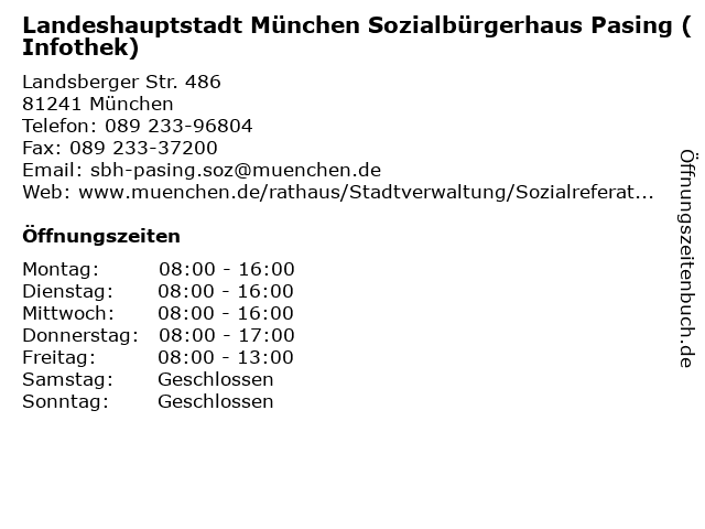 Landeshauptstadt München Sozialbürgerhaus Pasing (Infothek) in München: Adresse und Öffnungszeiten