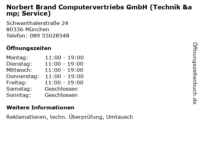 Norbert Brand Computervertriebs GmbH (Technik & Service) in München: Adresse und Öffnungszeiten