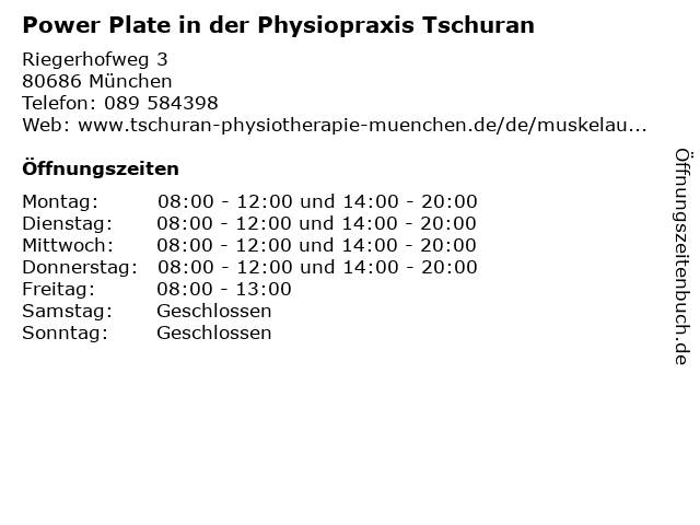 Power Plate in der Physiopraxis Tschuran in München: Adresse und Öffnungszeiten