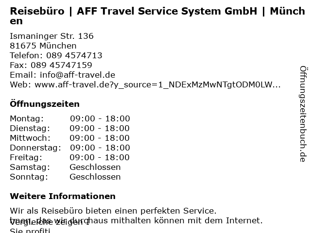 Reisebüro | AFF Travel Service System GmbH | München in München: Adresse und Öffnungszeiten
