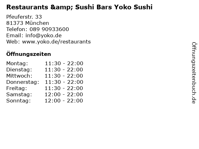 Restaurants & Sushi Bars Yoko Sushi in München: Adresse und Öffnungszeiten