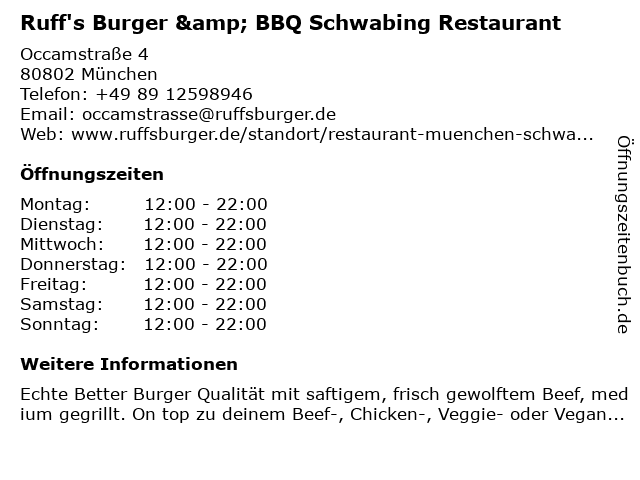 Ruff's Burger & BBQ Schwabing in München: Adresse und Öffnungszeiten