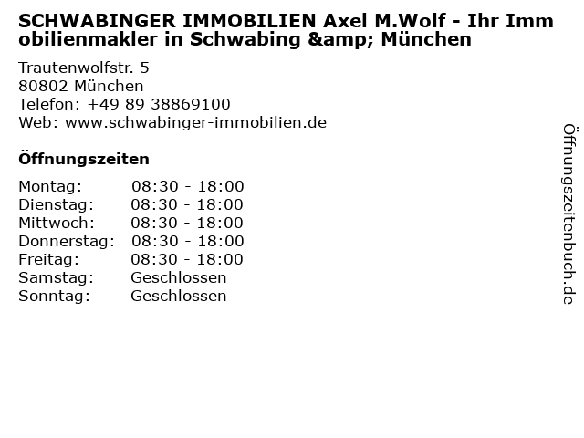 SCHWABINGER IMMOBILIEN Axel M.Wolf - Ihr Immobilienmakler in Schwabing & München in München: Adresse und Öffnungszeiten