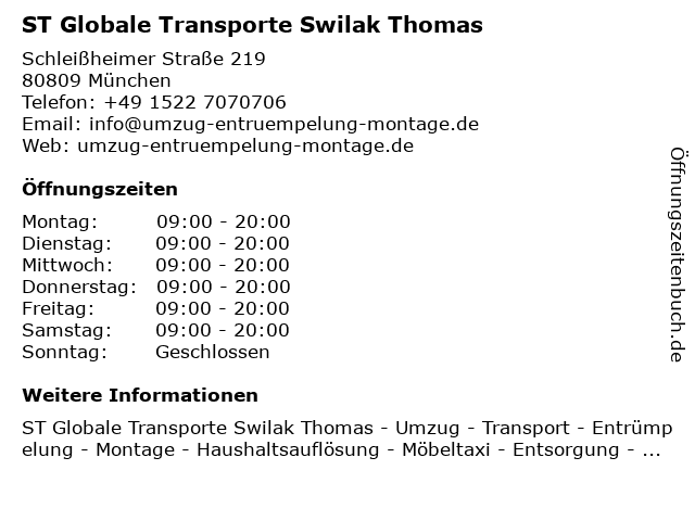 ST Globale Transporte Swilak Thomas in München: Adresse und Öffnungszeiten