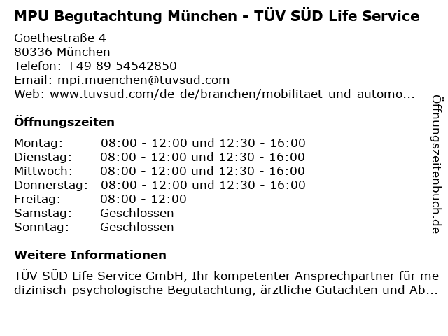 ᐅ Offnungszeiten Tuv Sud Life Service Mpu Begutachtung Munchen Goethestrasse 4 In Munchen