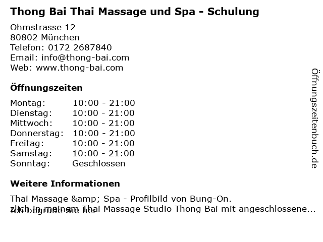 Thong Bai Thai Massage und Spa - Schulung in München: Adresse und Öffnungszeiten