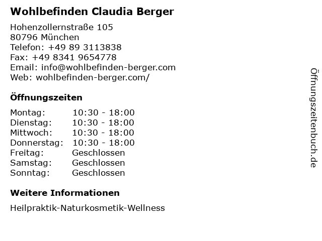 Wohlbefinden Claudia Berger in München: Adresse und Öffnungszeiten