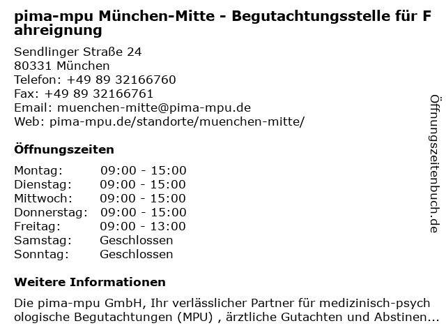 pima-mpu München-Mitte - Begutachtungsstelle für Fahreignung in München: Adresse und Öffnungszeiten