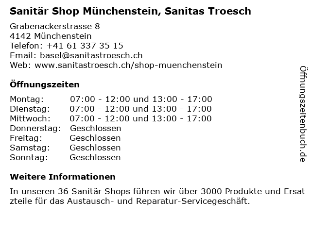 Sanitär Shop Münchenstein, Sanitas Troesch in Münchenstein: Adresse und Öffnungszeiten
