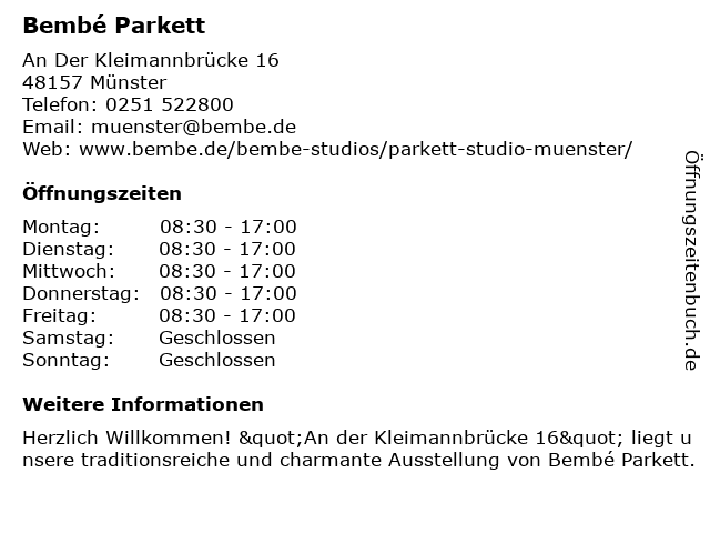 Bembé Parkett Studio in Münster: Adresse und Öffnungszeiten