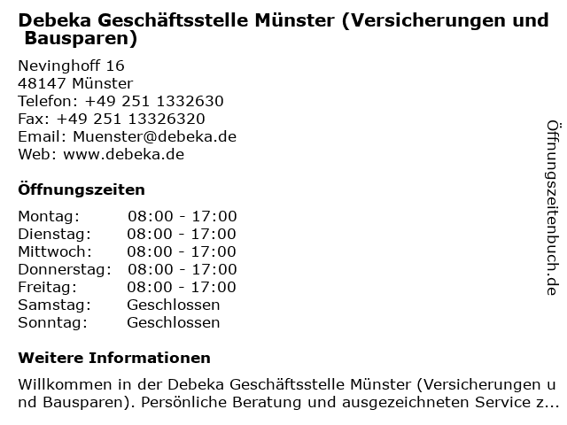 ᐅ Offnungszeiten Debeka Geschaftsstelle Munster Nevinghoff 16 In Munster